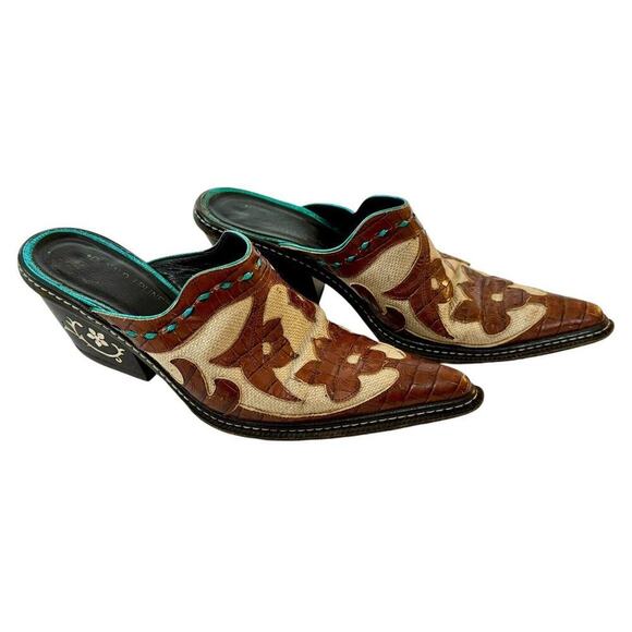 DONALD J. PLINER Juno Leather Brown Turquoise Western Couture Italian Mules 7M - Picture 2 of 11